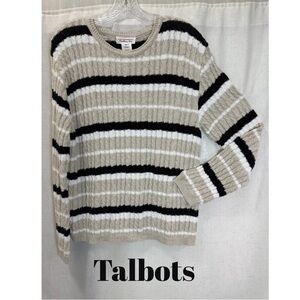 Talbots Ribbed Knit Sweater Beige Black White Striped Crewneck Size L